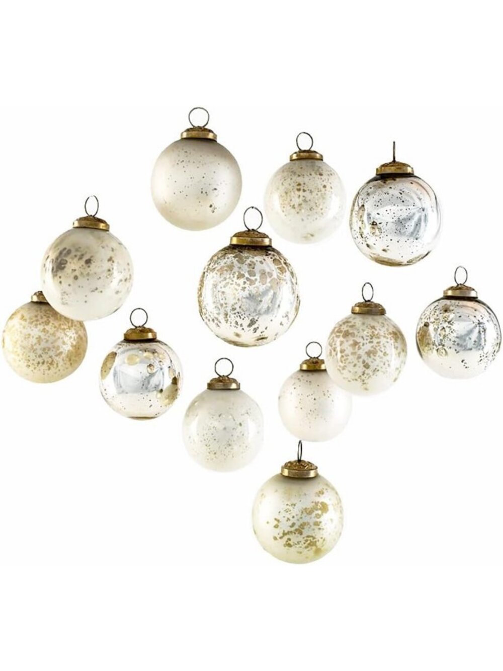 Vintage White & Silver Mercury Glass Ornaments Set - 12pcs for Christmas Decor